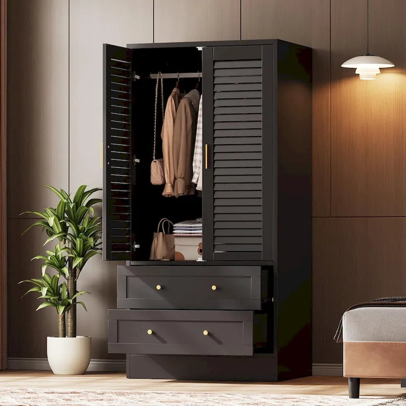 Armoire de chambre avec 2 portes persiennes, armoire blanche avec tringles de suspension et 2 tiroirs, armoire de chambre moderne