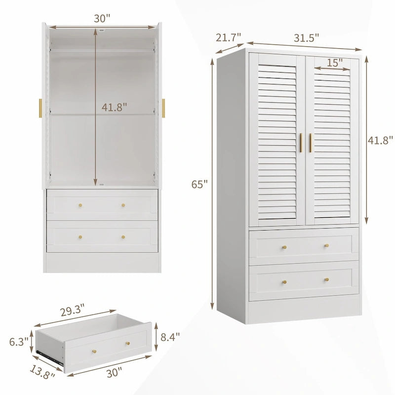 Armoire de chambre avec 2 portes persiennes, armoire blanche avec tringles de suspension et 2 tiroirs, armoire de chambre moderne