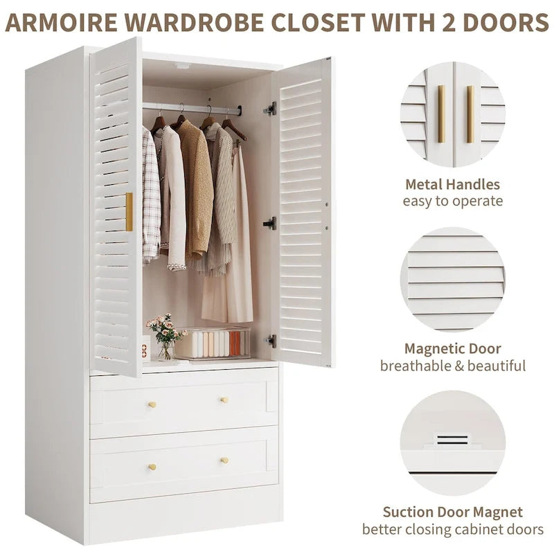 Armoire de chambre avec 2 portes persiennes, armoire blanche avec tringles de suspension et 2 tiroirs, armoire de chambre moderne