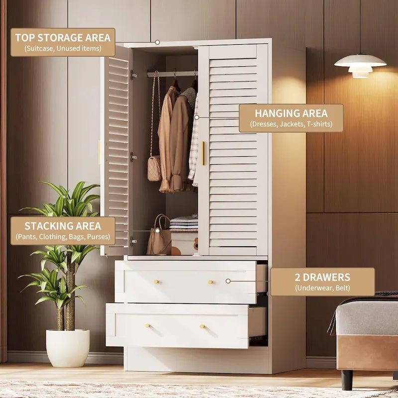 Armoire de chambre avec 2 portes persiennes, armoire blanche avec tringles de suspension et 2 tiroirs, armoire de chambre moderne