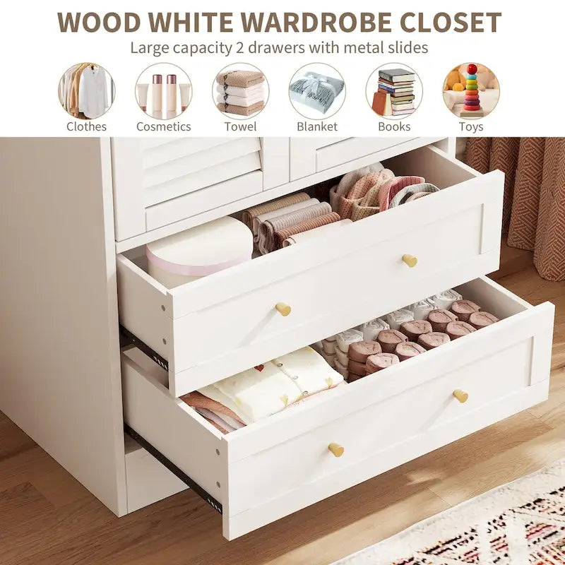 Armoire de chambre avec 2 portes persiennes, armoire blanche avec tringles de suspension et 2 tiroirs, armoire de chambre moderne