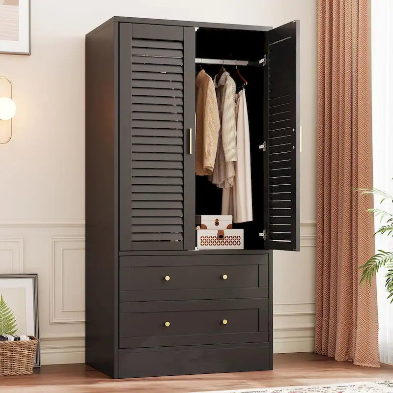 Armoire de chambre avec 2 portes persiennes, armoire blanche avec tringles de suspension et 2 tiroirs, armoire de chambre moderne