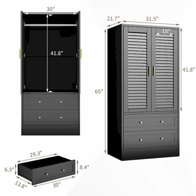 Armoire de chambre avec 2 portes persiennes, armoire blanche avec tringles de suspension et 2 tiroirs, armoire de chambre moderne