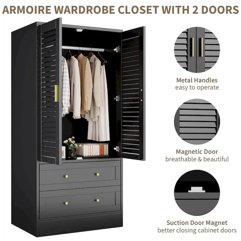 Armoire de chambre avec 2 portes persiennes, armoire blanche avec tringles de suspension et 2 tiroirs, armoire de chambre moderne