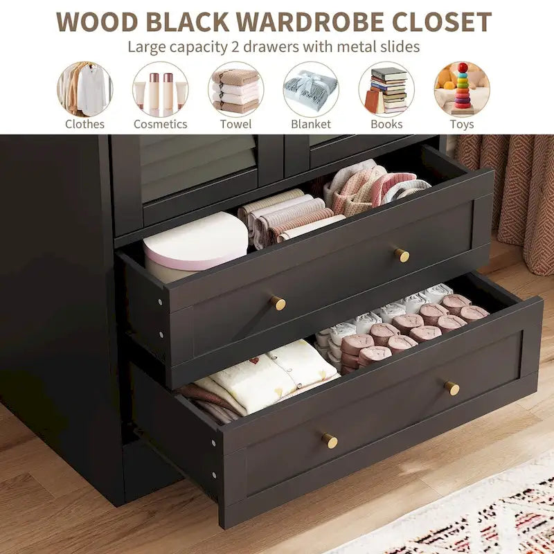 Armoire de chambre avec 2 portes persiennes, armoire blanche avec tringles de suspension et 2 tiroirs, armoire de chambre moderne
