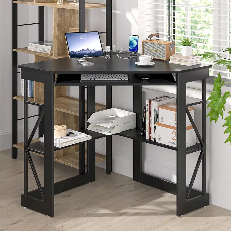 Corner Desk Small Desk with Outlets Corner Table for Small Space, Computer Desk with USB Ports Triangle Desk with Storage