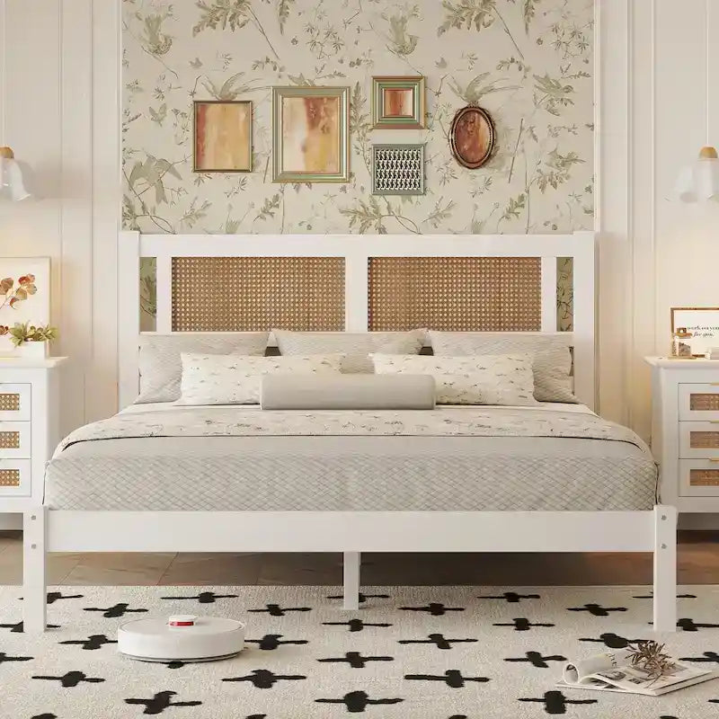 Lit plateforme moderne en bois avec tête de lit en rotin naturel pour chambre à coucher