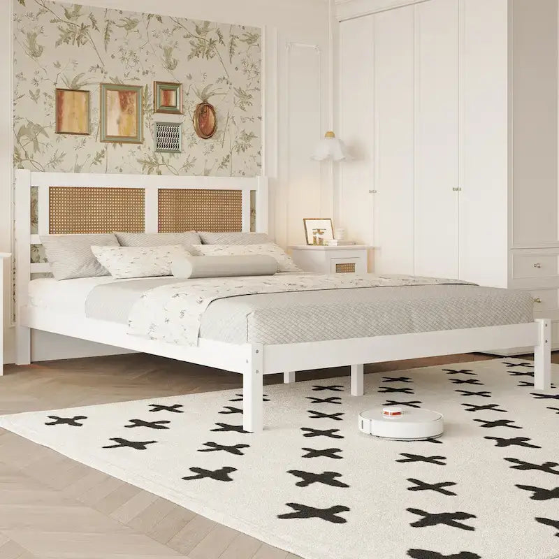 Lit plateforme moderne en bois avec tête de lit en rotin naturel pour chambre à coucher