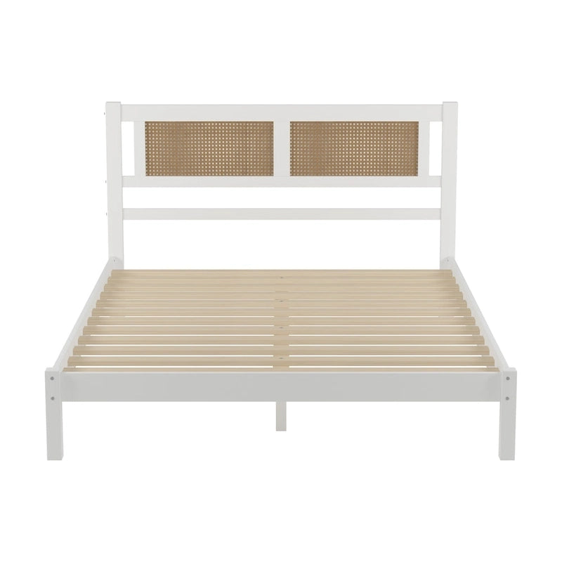 Lit plateforme moderne en bois avec tête de lit en rotin naturel pour chambre à coucher
