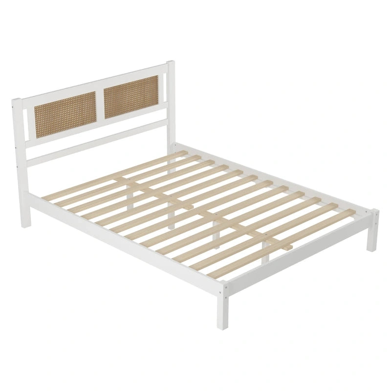 Lit plateforme moderne en bois avec tête de lit en rotin naturel pour chambre à coucher