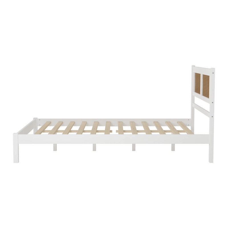 Lit plateforme moderne en bois avec tête de lit en rotin naturel pour chambre à coucher