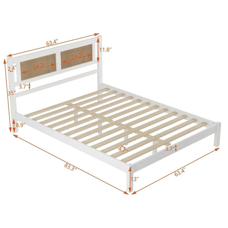 Lit plateforme moderne en bois avec tête de lit en rotin naturel pour chambre à coucher