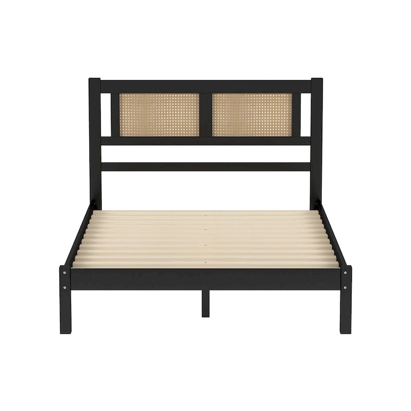 Lit plateforme moderne en bois avec tête de lit en rotin naturel pour chambre à coucher