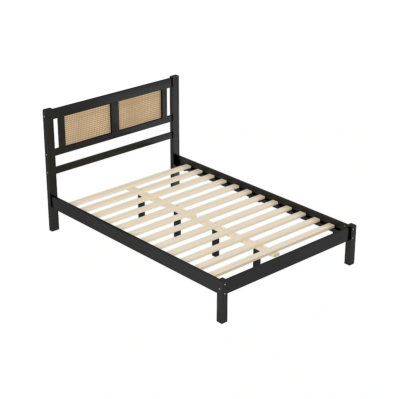 Lit plateforme moderne en bois avec tête de lit en rotin naturel pour chambre à coucher