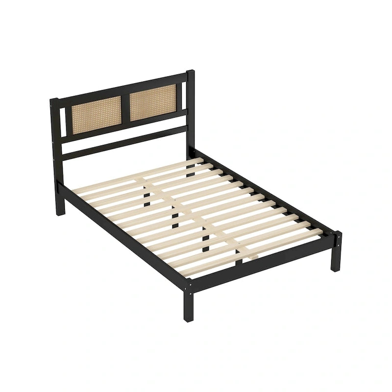Lit plateforme moderne en bois avec tête de lit en rotin naturel pour chambre à coucher