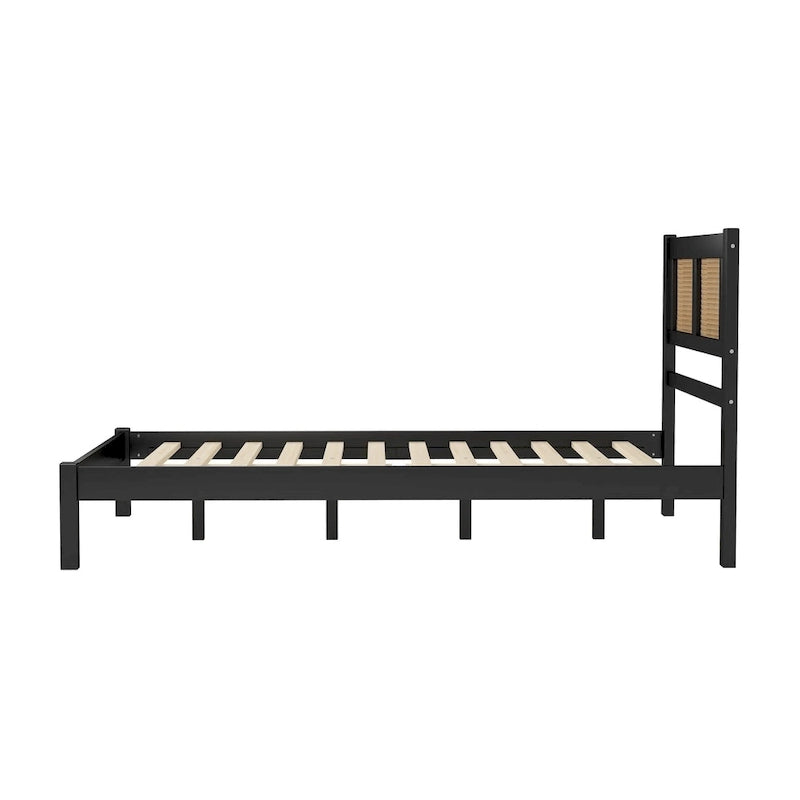 Lit plateforme moderne en bois avec tête de lit en rotin naturel pour chambre à coucher