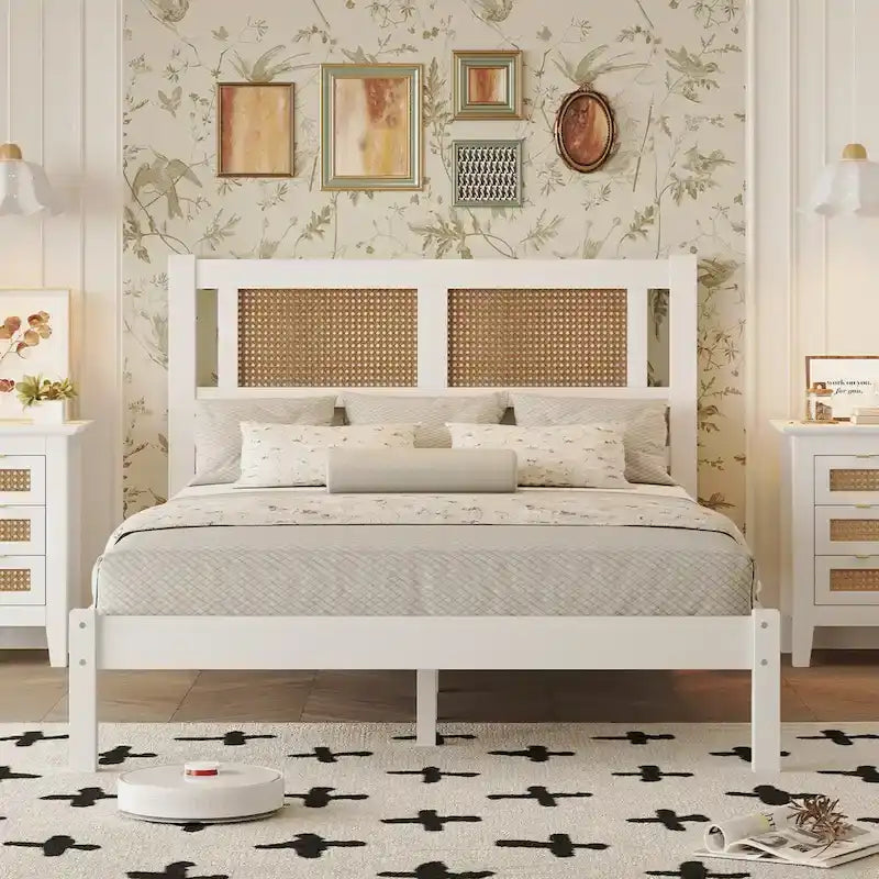Lit plateforme moderne en bois avec tête de lit en rotin naturel pour chambre à coucher