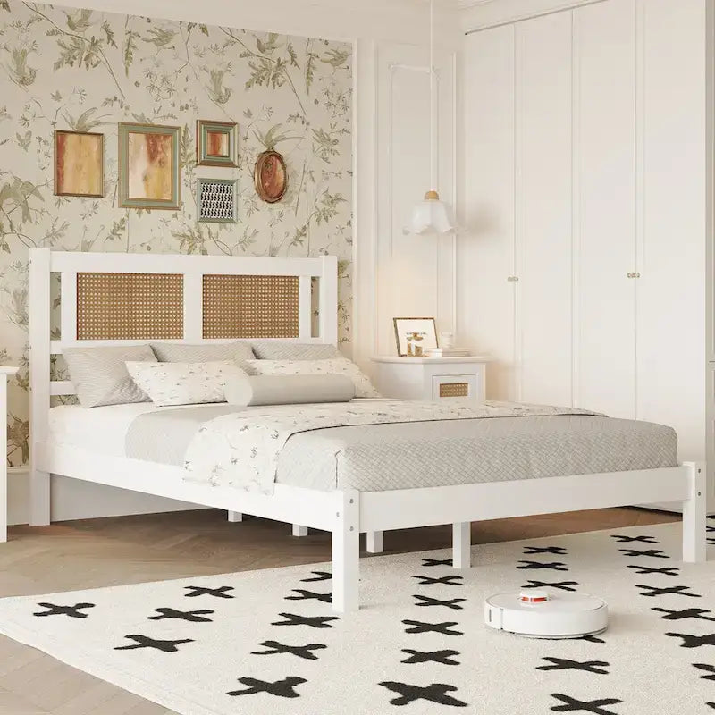 Lit plateforme moderne en bois avec tête de lit en rotin naturel pour chambre à coucher