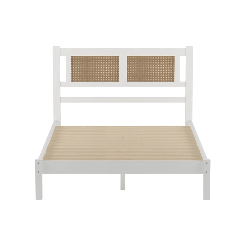 Lit plateforme moderne en bois avec tête de lit en rotin naturel pour chambre à coucher