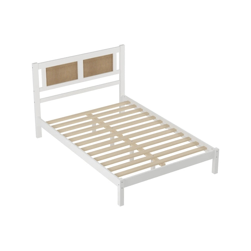 Lit plateforme moderne en bois avec tête de lit en rotin naturel pour chambre à coucher