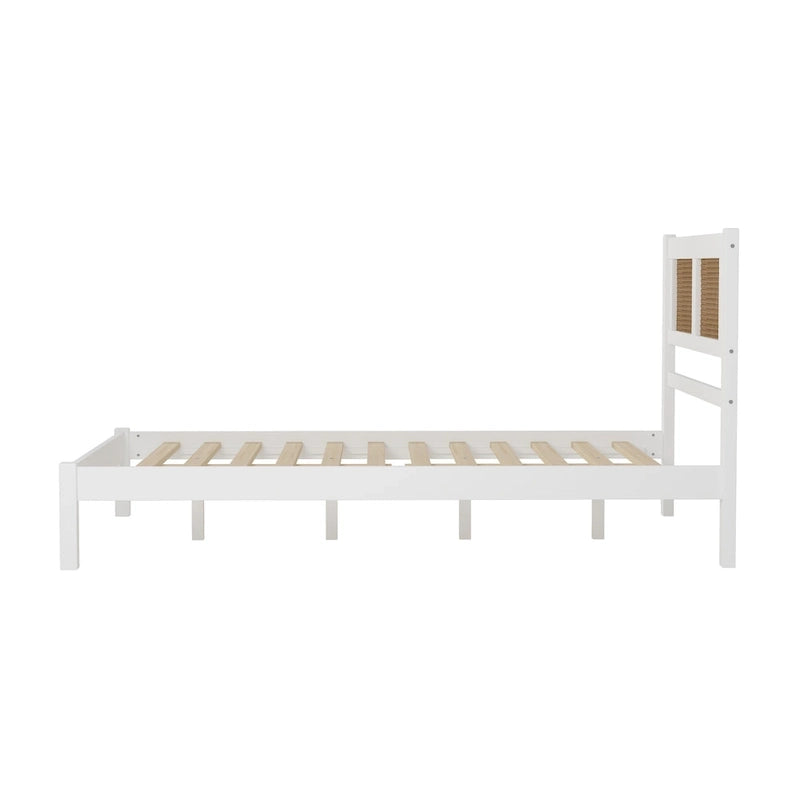 Lit plateforme moderne en bois avec tête de lit en rotin naturel pour chambre à coucher