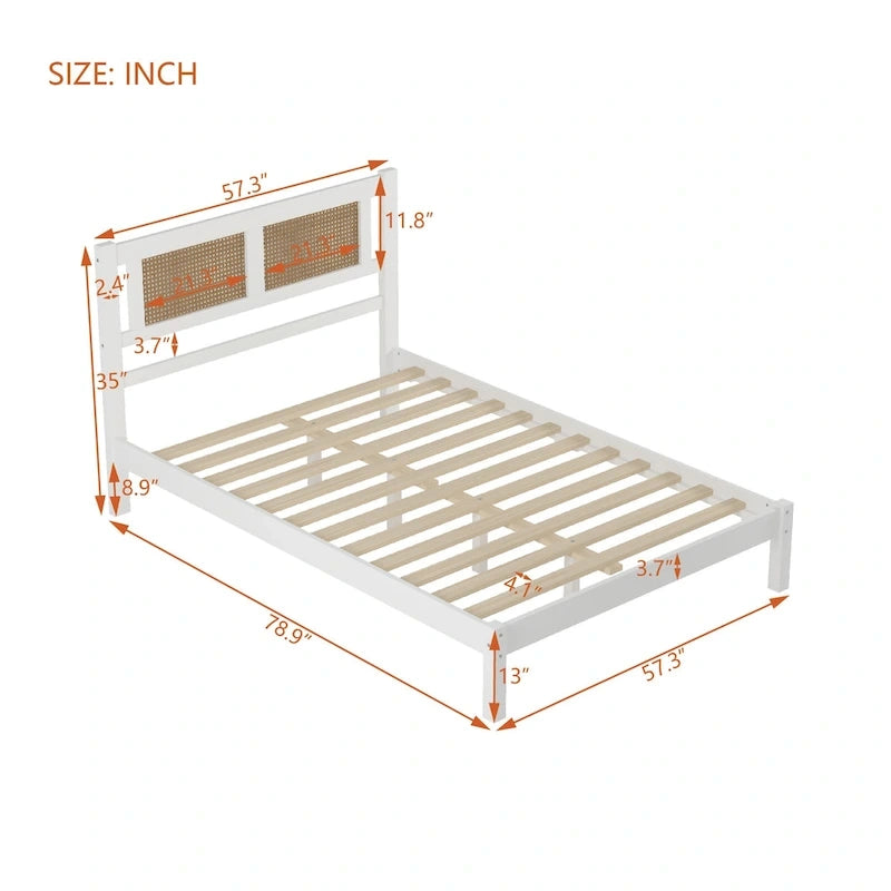 Lit plateforme moderne en bois avec tête de lit en rotin naturel pour chambre à coucher