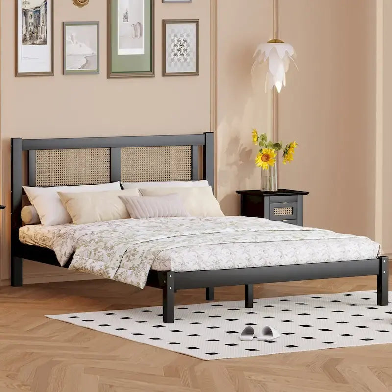 Lit plateforme moderne en bois avec tête de lit en rotin naturel pour chambre à coucher