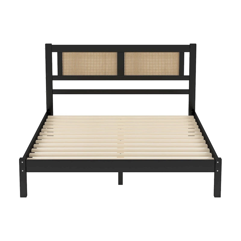 Lit plateforme moderne en bois avec tête de lit en rotin naturel pour chambre à coucher