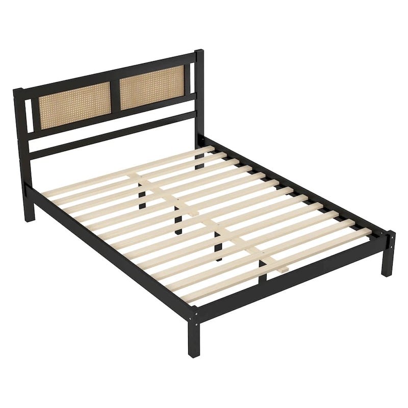 Lit plateforme moderne en bois avec tête de lit en rotin naturel pour chambre à coucher