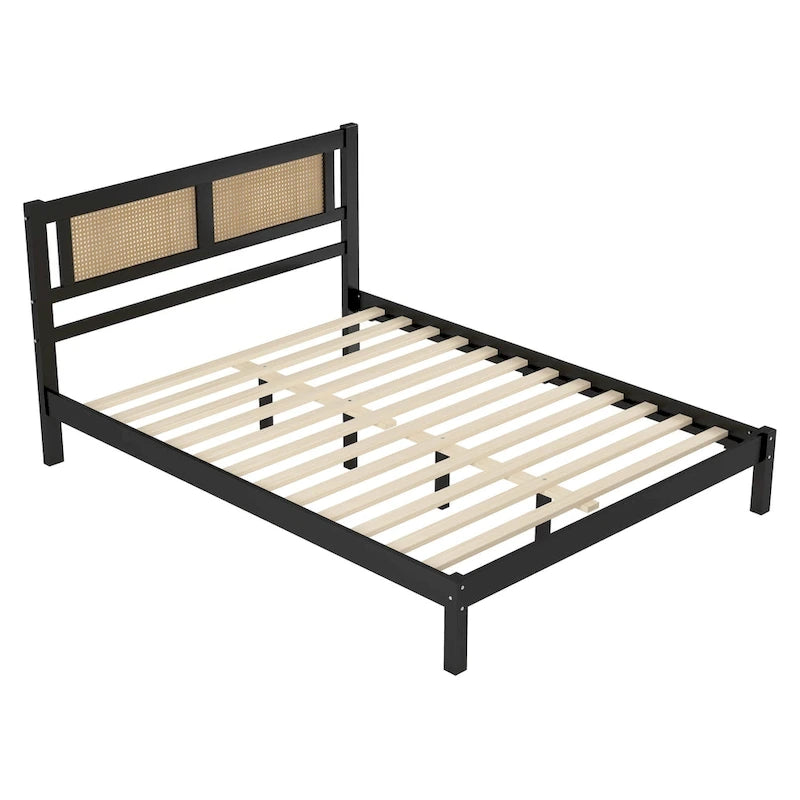 Lit plateforme moderne en bois avec tête de lit en rotin naturel pour chambre à coucher