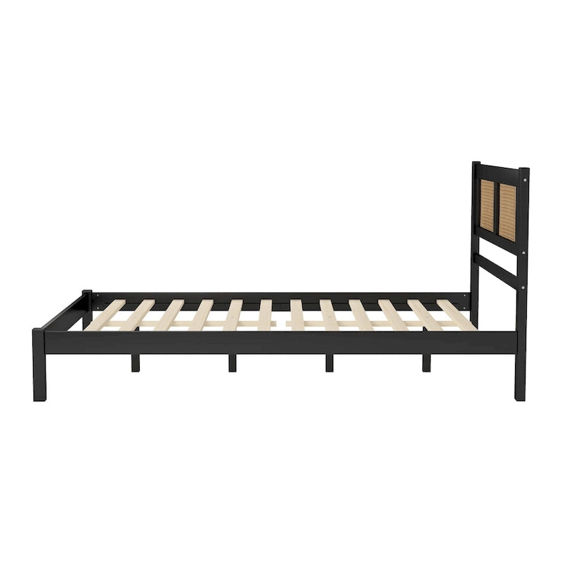 Lit plateforme moderne en bois avec tête de lit en rotin naturel pour chambre à coucher