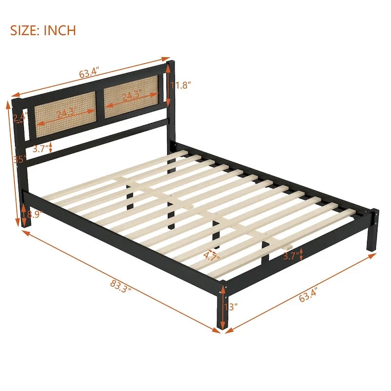 Lit plateforme moderne en bois avec tête de lit en rotin naturel pour chambre à coucher