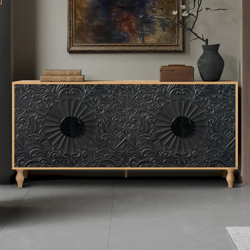 Meuble TV Accent 63 po avec portes sculptées et pieds en bois pour salon