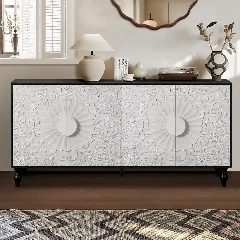 Meuble TV Accent 63 po avec portes sculptées et pieds en bois pour salon