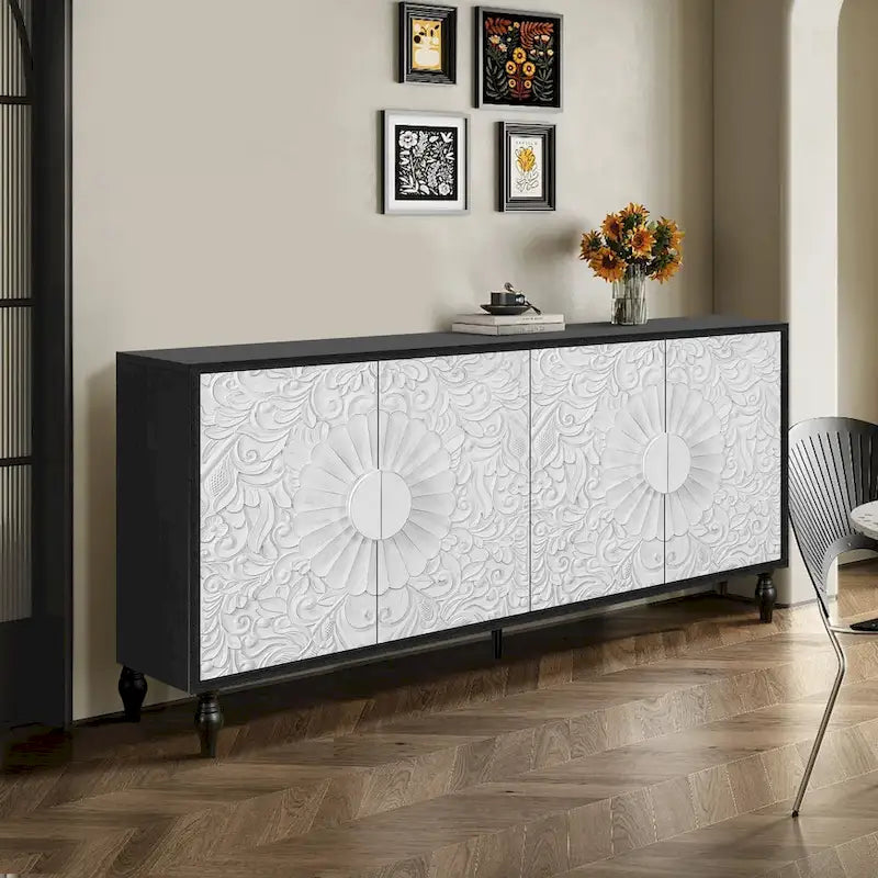 Meuble TV Accent 63 po avec portes sculptées et pieds en bois pour salon