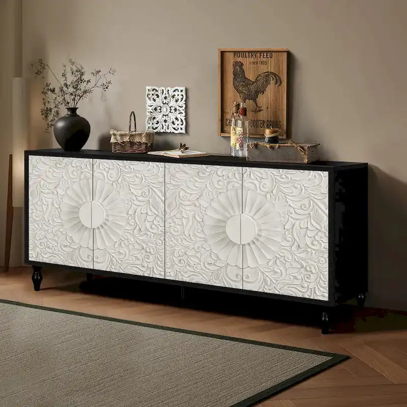 Meuble TV Accent 63 po avec portes sculptées et pieds en bois pour salon