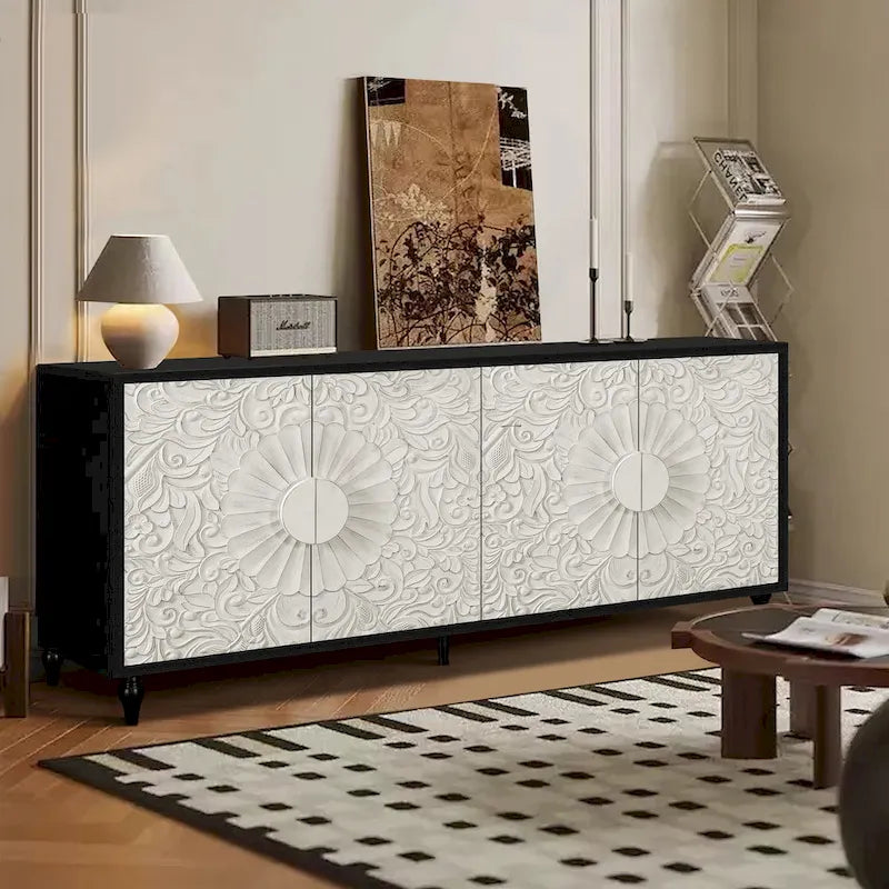 Meuble TV Accent 63 po avec portes sculptées et pieds en bois pour salon