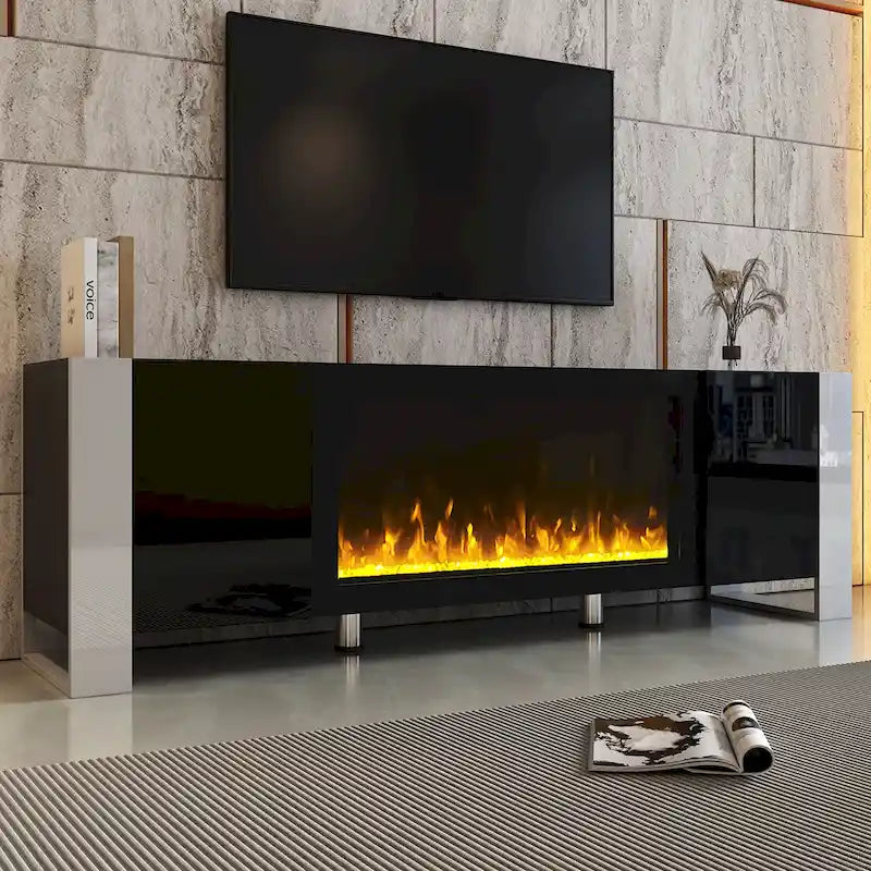 Meuble TV moderne de 68,1 po avec foyer et 2 grands placards pour téléviseurs jusqu'à 78 po