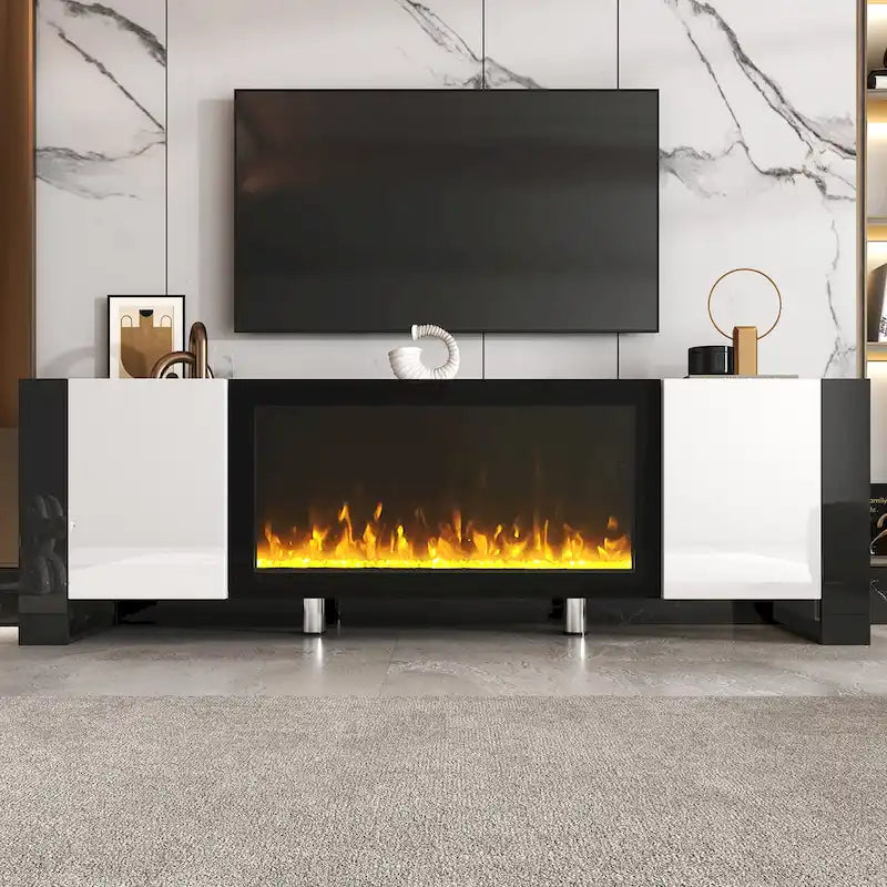 Meuble TV moderne de 68,1 po avec foyer et 2 grands placards pour téléviseurs jusqu'à 78 po