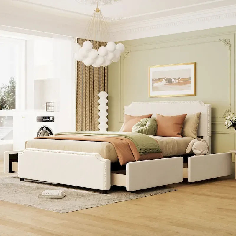 Velvet Queen Platform Bed with 4 Drawers & Nailhead Trim