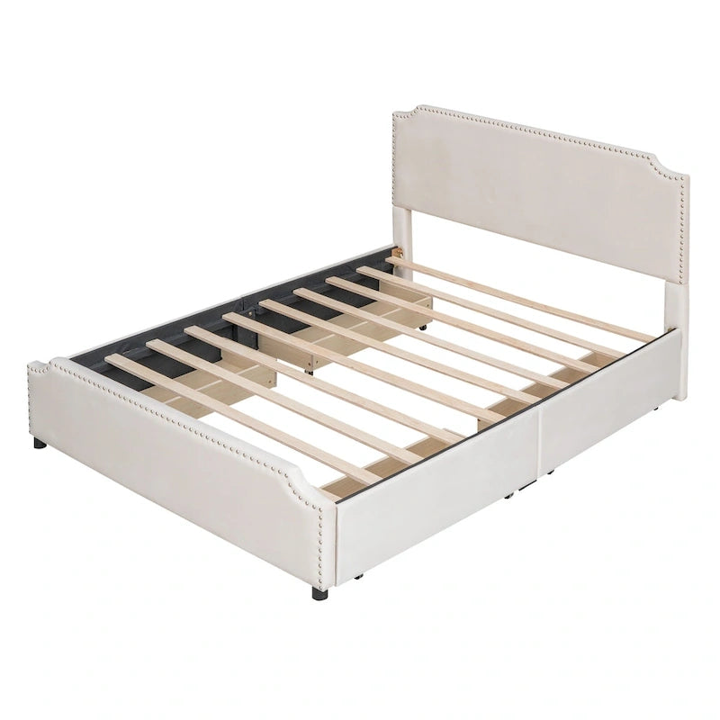 Lit plateforme Velvet Queen avec 4 tiroirs et garniture cloutée