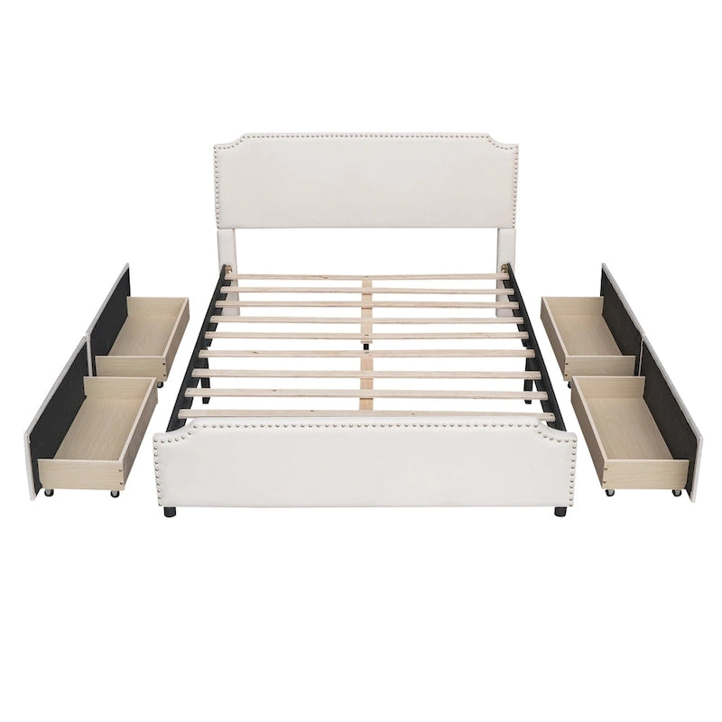 Lit plateforme Velvet Queen avec 4 tiroirs et garniture cloutée