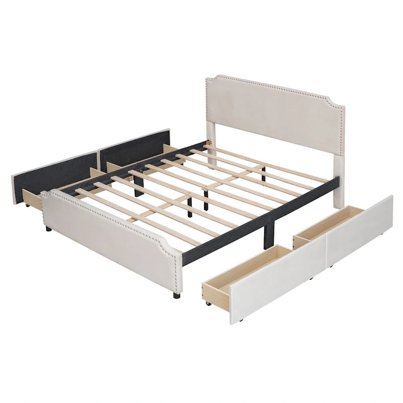 Lit plateforme Velvet Queen avec 4 tiroirs et garniture cloutée