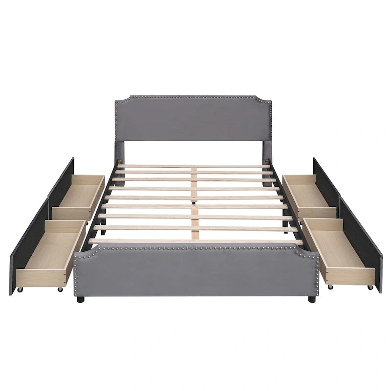 Lit plateforme Velvet Queen avec 4 tiroirs et garniture cloutée