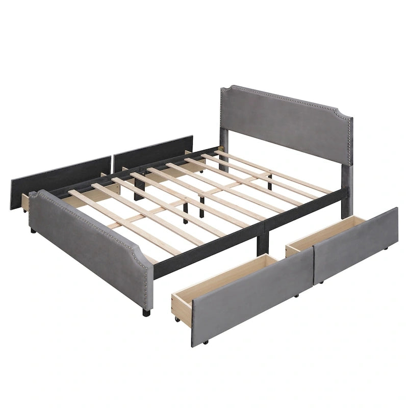 Lit plateforme Velvet Queen avec 4 tiroirs et garniture cloutée