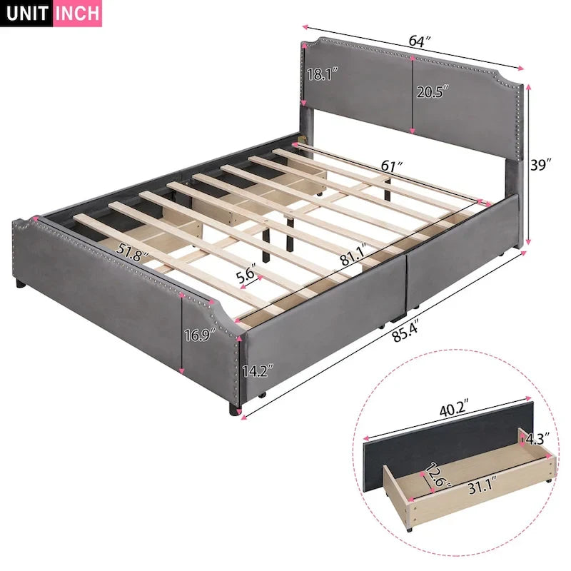Lit plateforme Velvet Queen avec 4 tiroirs et garniture cloutée