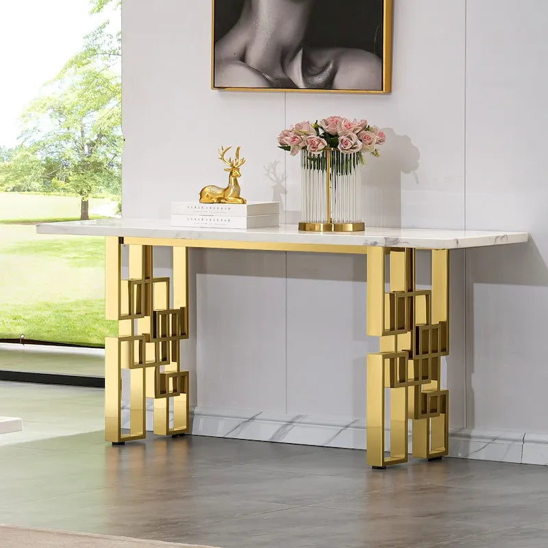 Console moderne Table de canapé de 140 cm avec plateau haute brillance et base en métal miroir pour entrée et salon