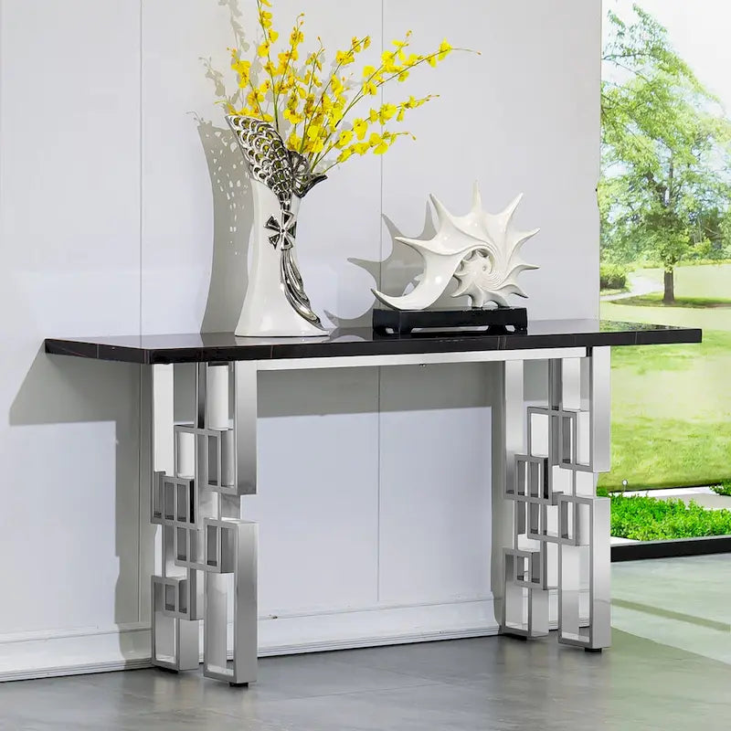 Console moderne Table de canapé de 140 cm avec plateau haute brillance et base en métal miroir pour entrée et salon