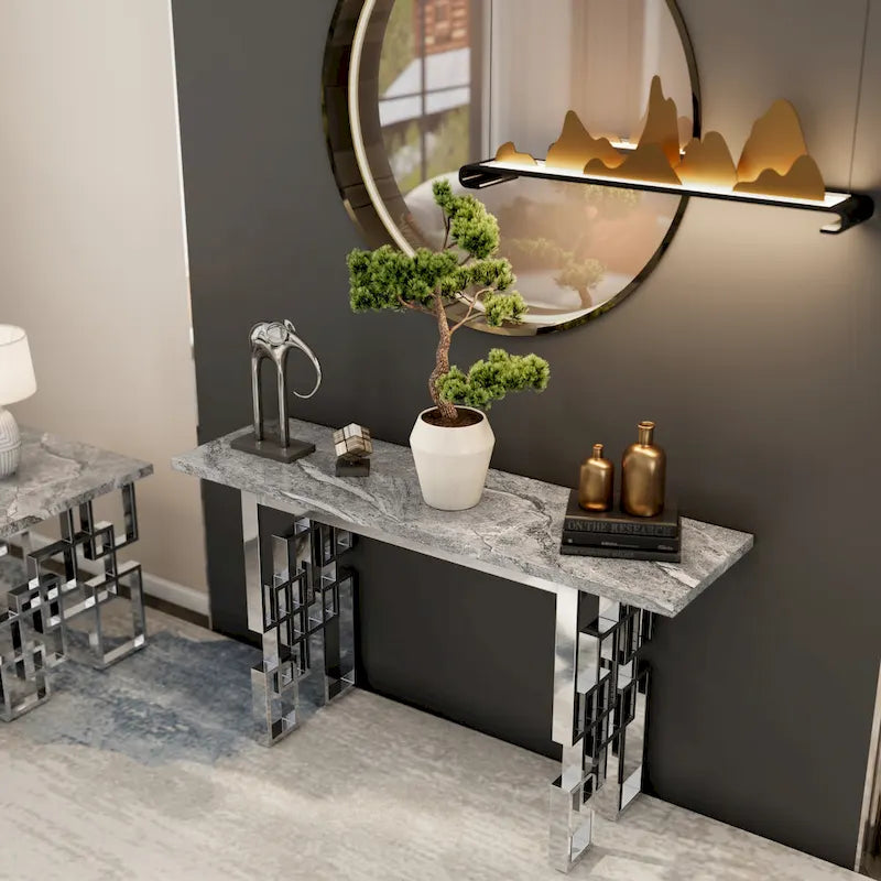 Console moderne Table de canapé de 140 cm avec plateau haute brillance et base en métal miroir pour entrée et salon