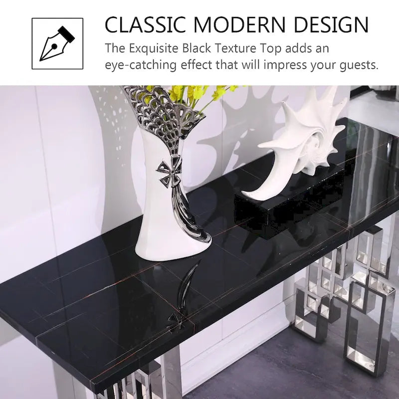Console moderne Table de canapé de 140 cm avec plateau haute brillance et base en métal miroir pour entrée et salon